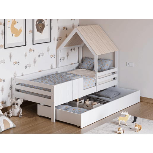 Cama tipo cabana ANGELA 90cm branca lacada e madeira natural
