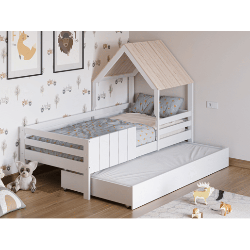 Cama tipo cabana ANGELA 90cm branca lacada e madeira natural