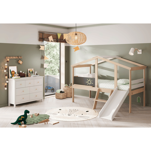Cama LAURA 90cm com escorrega em madeira natural e branca
