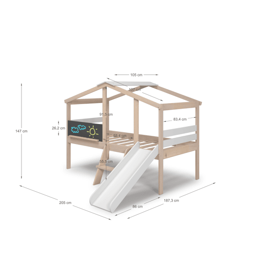 Cama LAURA 90cm com escorrega em madeira natural e branca