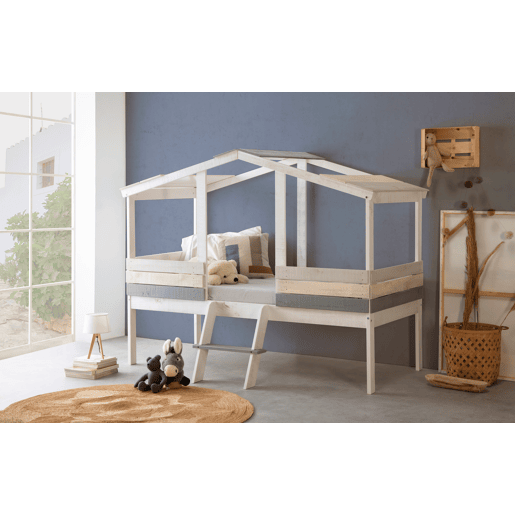 Cama tipo cabana CHAMUEL branco rústico e cinzas
