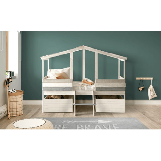 Cama tipo cabana CHAMUEL branco rústico e cinzas