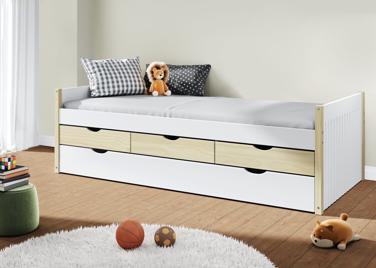 Cama nido HANIEL 90cm con 3 cajones blanco y madera natural