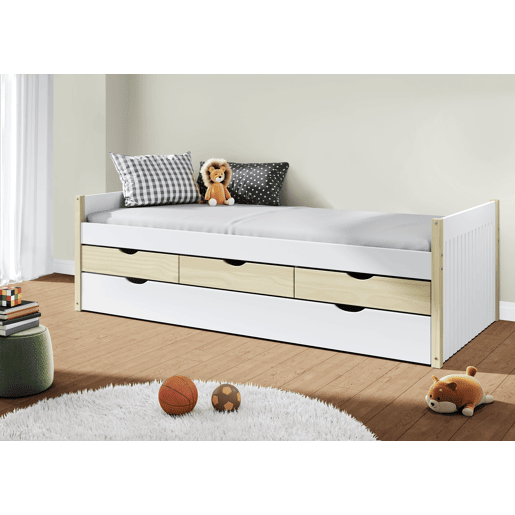 Cama nido HANIEL 90cm com 3 gavetas branco e madeira natural Cama nido HANIEL 90cm com 3 gavetas branco e madeira natural