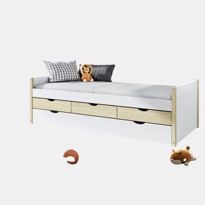 Cama nido HANIEL 90cm com 3 gavetas branco e madeira natural