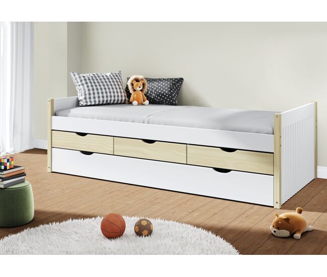 Cama nido HANIEL 90cm con 3 cajones blanco y madera natural