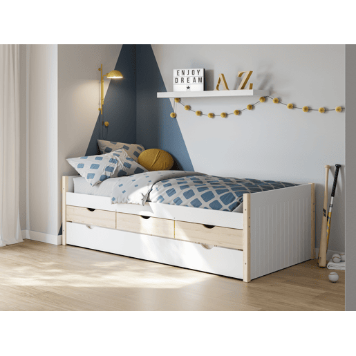 Cama nido HANIEL 90cm com 3 gavetas branco e madeira natural Cama nido HANIEL 90cm com 3 gavetas branco e madeira natural