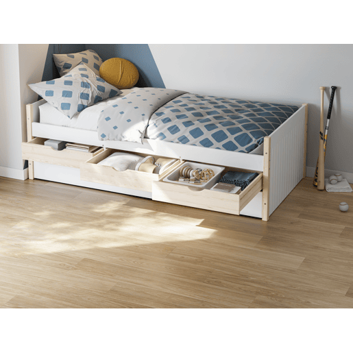 Cama nido HANIEL 90cm com 3 gavetas branco e madeira natural Cama nido HANIEL 90cm com 3 gavetas branco e madeira natural