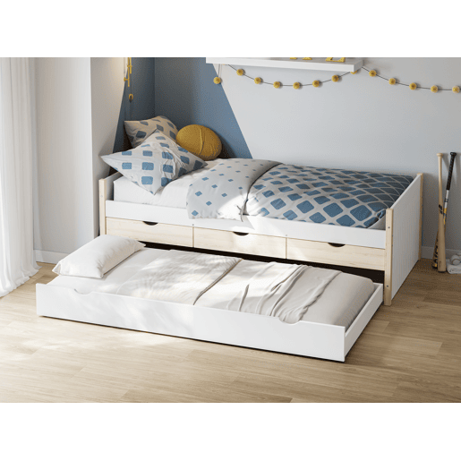 Cama nido HANIEL 90cm com 3 gavetas branco e madeira natural Cama nido HANIEL 90cm com 3 gavetas branco e madeira natural