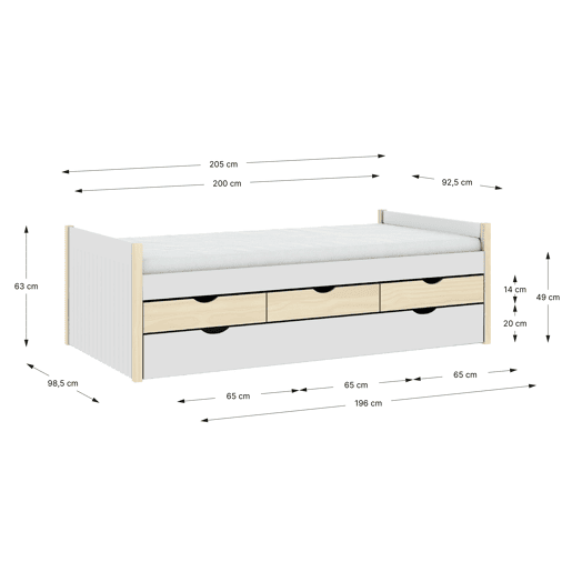 Cama nido HANIEL 90cm com 3 gavetas branco e madeira natural Cama nido HANIEL 90cm com 3 gavetas branco e madeira natural