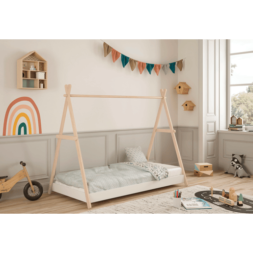 Cama tipo cabana SOFIA 90x200cm madeira natural e branco