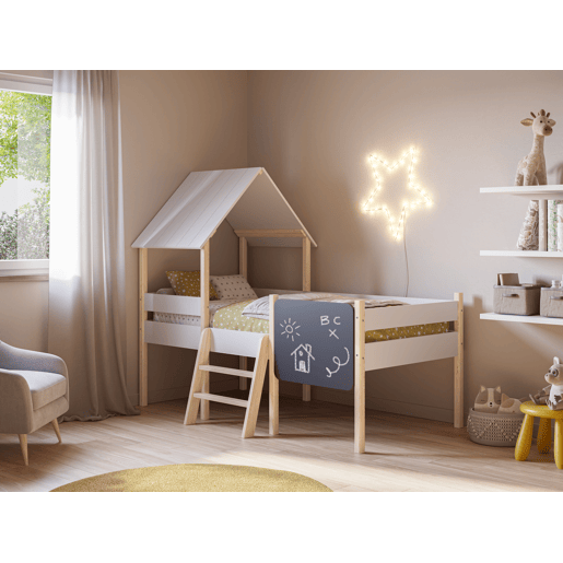Cama tipo cabana CECILE 90cm com ardósia branca e madeira natural
