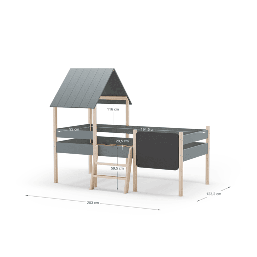 Cama tipo cabana CECILE 90cm com ardósia caqui e madeira natural