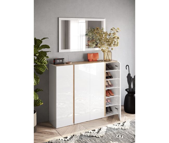 Zapatero bolonia 4 puertas blanco lacado y roble - conforama