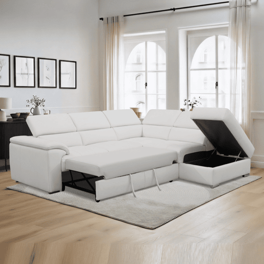 Sofá de canto direito com cama em pele MAYA cor branco