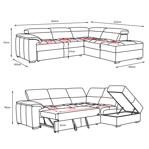 Sofá de canto direito com cama em pele MAYA cor branco