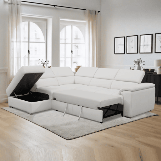 Sofá de canto esquerdo com cama em pele MAYA cor branco Sofá de canto esquerdo com cama em pele MAYA cor branco