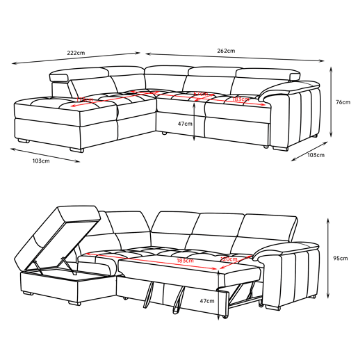 Sofá de canto esquerdo com cama em pele MAYA cor branco Sofá de canto esquerdo com cama em pele MAYA cor branco