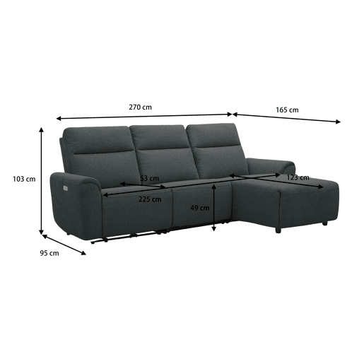 Chaise longue direita e relax elétrico TOBY cinzento escuro