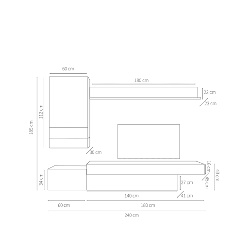 Compacto de TV HECTOR 240cm branco e carvalho Compacto de TV HECTOR 240cm branco e carvalho