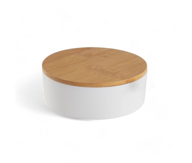 Caja de joyas circular con espejo de bambú blanco 14cm