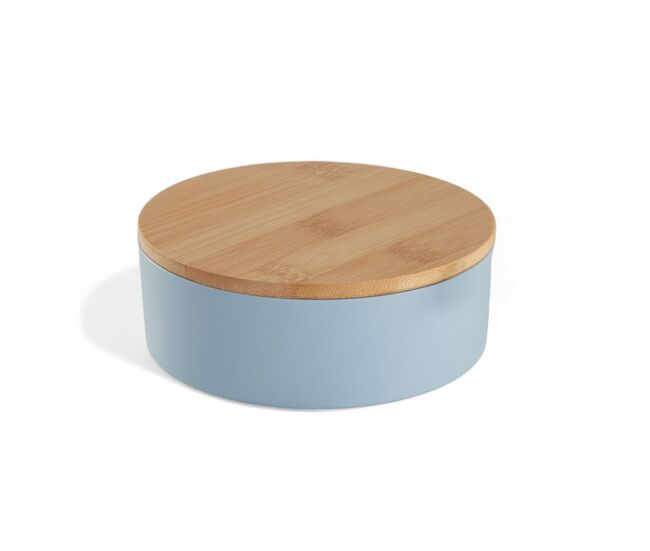 Caja de joyas circular con espejo de bambú azul 14cm