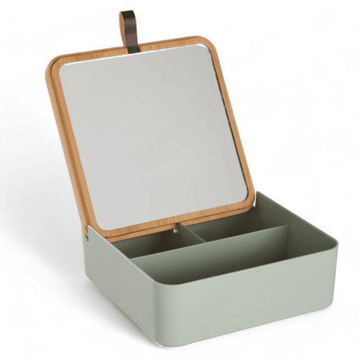 Caixa de joias CUADRADA com espelho em bambu verde 14cm