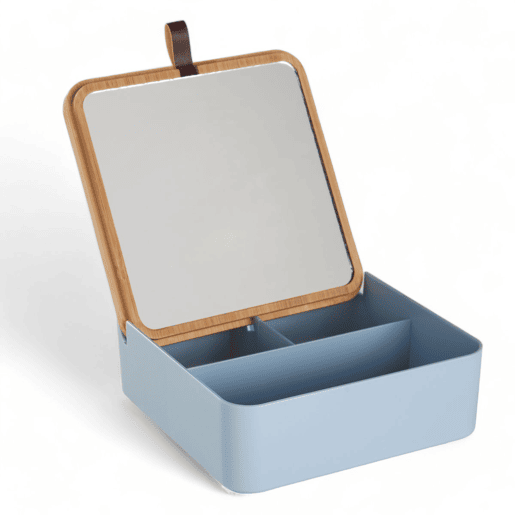 Caixa de joias CUADRADA com espelho em bambu azul 14cm