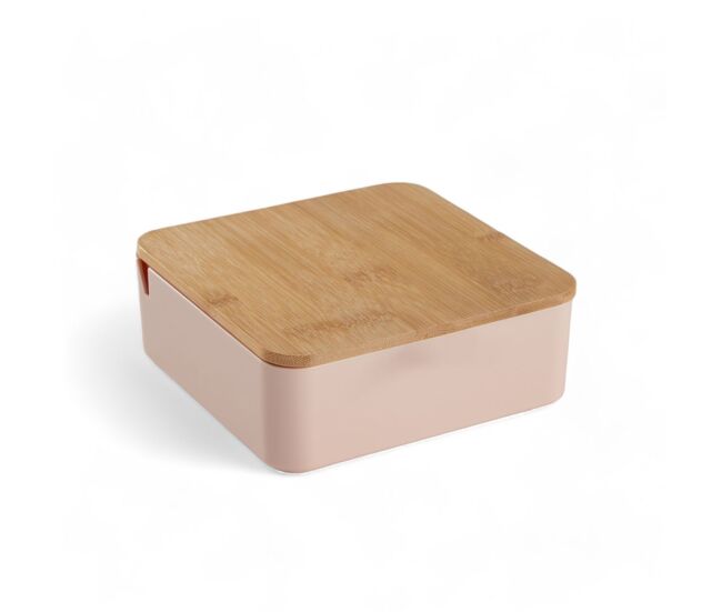 Caja de joyas cuadrada con espejo de bambú rosa 14cm