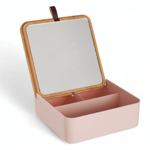 Caixa de joias CUADRADA com espelho em bambu rosa 14cm