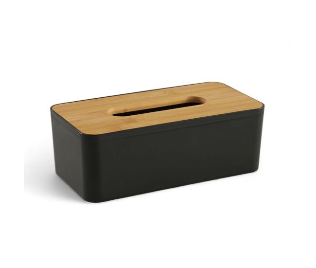 Caja pañuelos de plástico con tapa de bambú negro 9x13x25cm