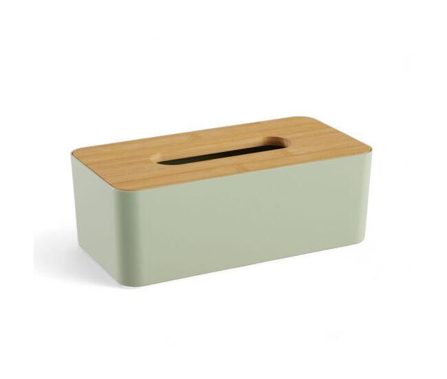Caja pañuelos de plástico con tapa de bambú verde 9x13x25cm