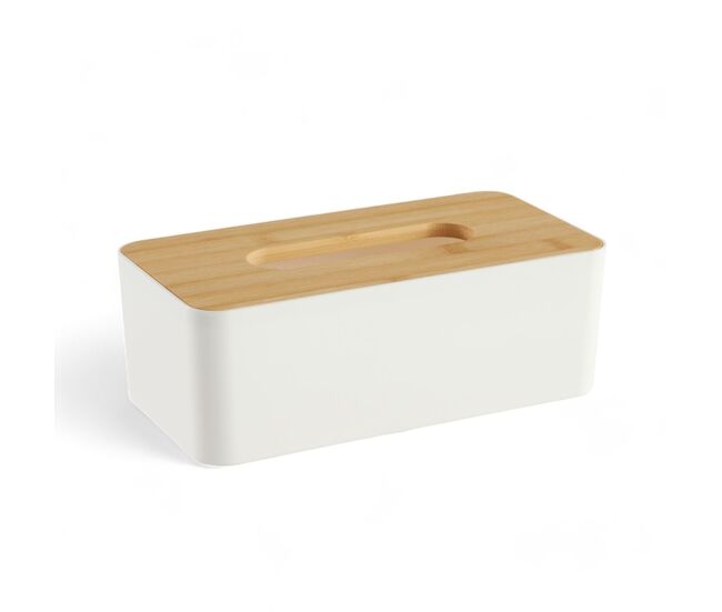 Caja pañuelos de plástico con tapa de bambú blanco 9x13x25cm