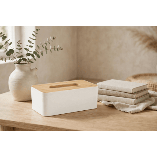 Caixa PAÑUELOS em plástico com tampa de bambu branco 9x13x25cm Caixa PAÑUELOS em plástico com tampa de bambu branco 9x13x25cm