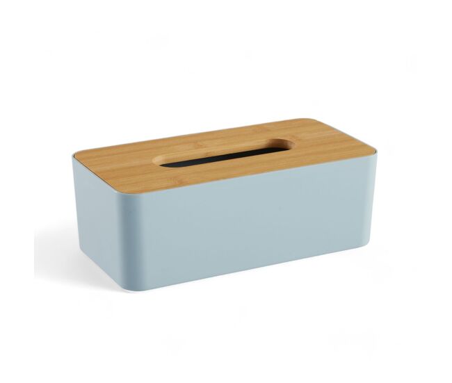 Caja pañuelos de plástico con tapa de bambú azul 9x13x25cm