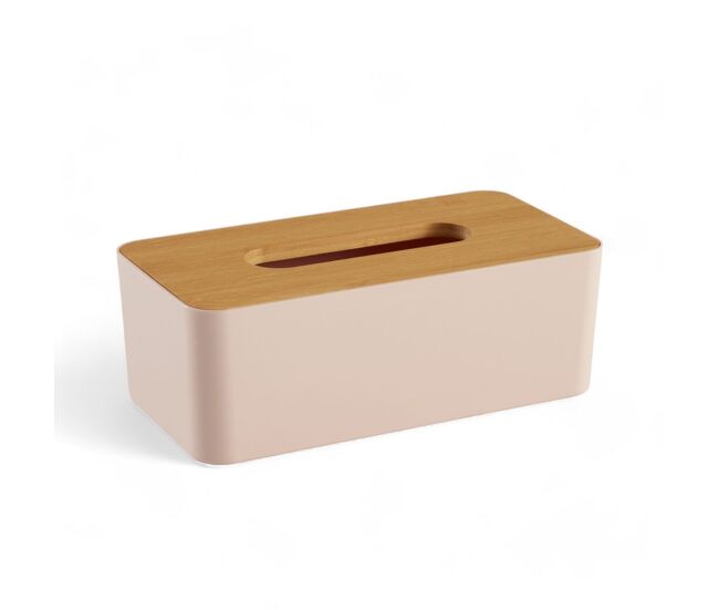 Caja pañuelos de plástico con tapa de bambú rosa 9x13x25cm