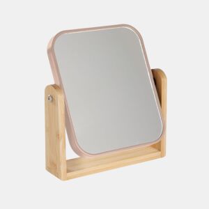 Espelho moldura em plástico e base em bambu 18x21cm rosa