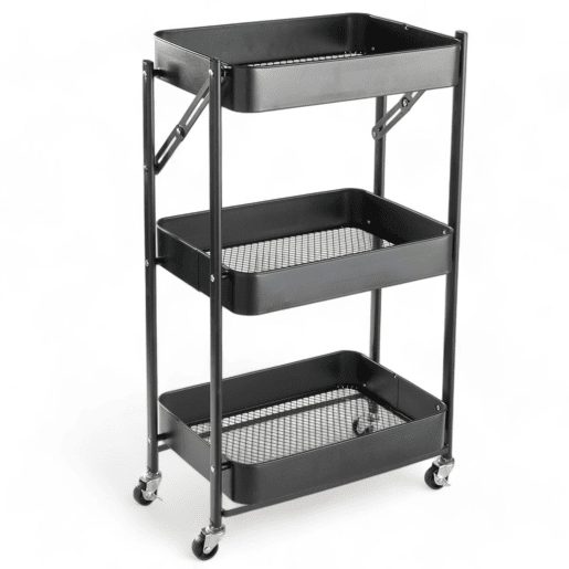 Carrinho de METAL com 3 prateleiras e rodas 77x45x30cm preto