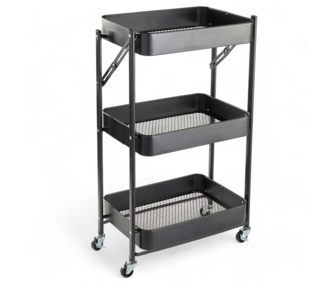 Carrito de metal 3 estantes con ruedas negro 77x45x30cm