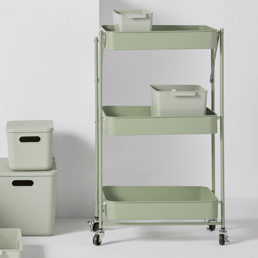Carrinho de METAL com 3 prateleiras e rodas 77x45x30cm verde