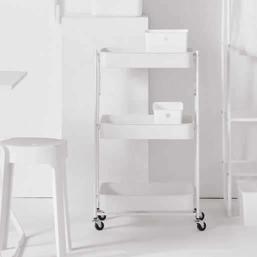 Carrinho de METAL com 3 prateleiras e rodas 77x45x30cm branco