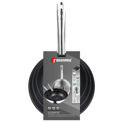 Conjunto de 3 frigideiras GOURMET em aço inoxidável marca BERGNER