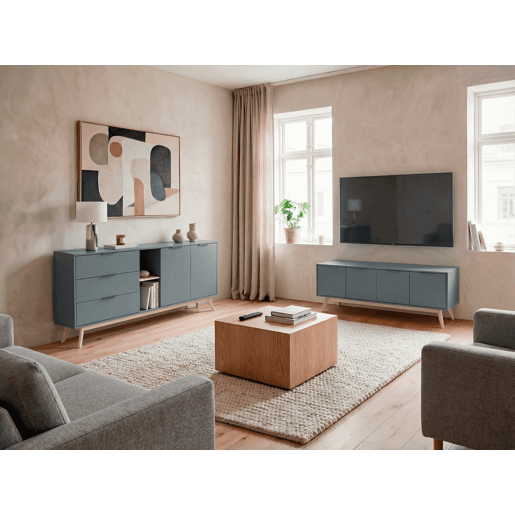 Móvel de TV VOLGA 140cm 4 portas cinza esverdeado
