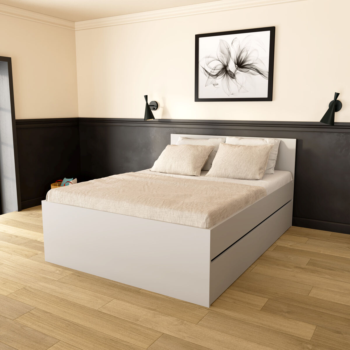 Cama beta 140x190cm, mesita, 2 cajones y cama 90x190cm