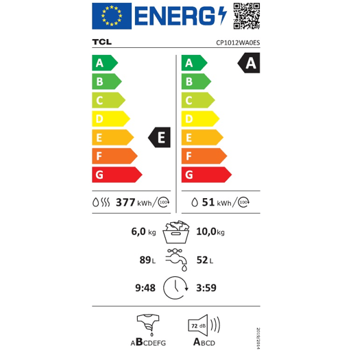 Máquina lavar e secar roupa TCL CP1012WA0ES 10kg6kg 1200 RPM