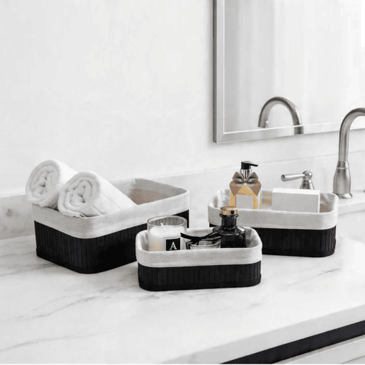 Conjunto de 3 cestos MAR em bambu 33x23x12cm preto e branco