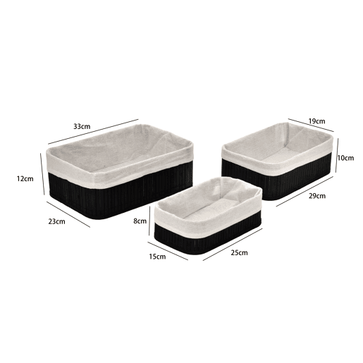 Conjunto de 3 cestos MAR em bambu 33x23x12cm preto e branco