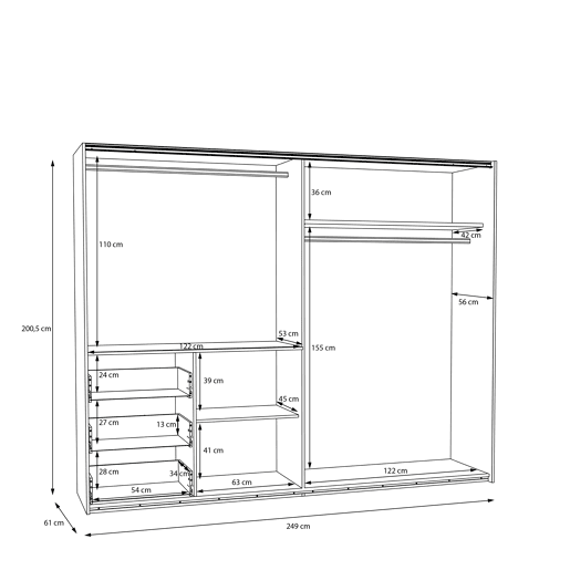 Roupeiro NEVADA PLUS PLUS 249x200,5cm portas de correr e 3 gavetas em branco