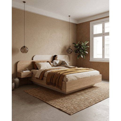 Cama 160x200cm HALO creme e carvalho com 2 mesas e cabeceira