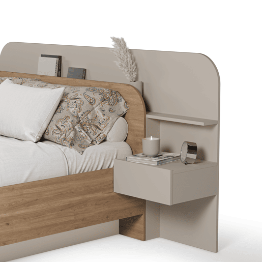 Cama 160x200cm HALO creme e carvalho com 2 mesas e cabeceira